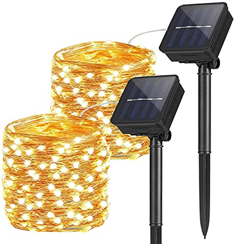 2 Packs Solar String Lights Outdoor, 10M/33FT 100 LED Fairy Copper Wire Lights, Waterproof Auto ON/OFF Decoration Rope Lights for Garden Patio BBQ Yard Lawn Trees Christmas Wedding Party, Warm White