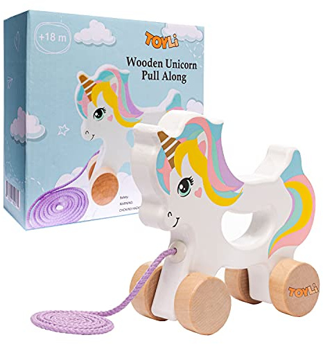 TOYLI Wooden Unicorn Push & Pull Along Toy Developmental Montessori Toddler Pull Toys Improves Balance Strength Confidence for Infants Develop Cognitive Skills Baby Toddlers 18 Month Pull Toy