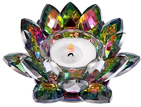 SUMTree Kristall-Lotus-Kerzenhalter für 11.4 cm Stumpenkerze, dekorativer Teelicht, Lotus-Votivkerzenhalter, Blütenblätter-Stil, Blumen-Teelichthalter für Zuhause, Hochzeit, Dekoration, AB bunt | Kristall-Teelichthalter für Geburtstag, Hochzeit, Party, Feier, Festivals, für Stabkerzen, Klangkerzen, LED-Kerzen