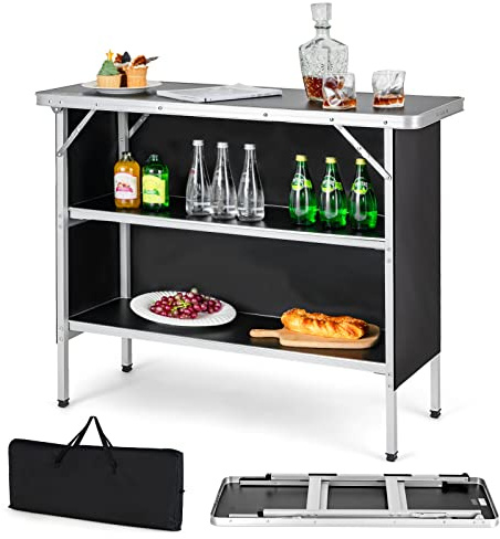 COSTWAY Folding Picnic Camping Table, Portable Lightweight Aluminum Table with Carry Bag, Food Prep Station with 2 Shelves, Quick Set-up, Outdoor Camping Table for BBQ, Party, Backyard (Black)