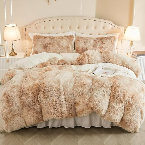 EMME Luxury Khaki Fuzzy Duvet Cover Set Twin Size Fluffy Comforter Cover Set 2 Pieces Shaggy and Plush Soft Bedding Duvet Covers (Tie Dye Khaki, Twin)