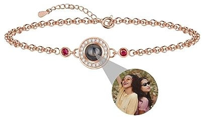 Custom Personalised Round Birthstone Projection Bracelet with Picture, Magnify Memory Photo Bracelet for Women Best Friend Friendship Silver Rose Gold