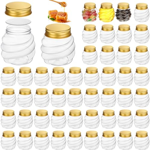 Suclain 50 Pcs 2 oz Mini Honey Jars, Gold Lids Plastic Wedding Favors | Wide Mouth Honeycomb Small Canning Jars, Wedding or Baby Shower Party Favors, DIY Gifts, Holds Jelly Candy Herb Jams