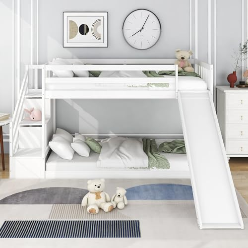 Etagenbett mit Treppe und Rutsche, Rahmen aus massivem Kiefernholz, Kinderbett mit 2 Schubladen in der Treppe, 90x200cm, Weiß