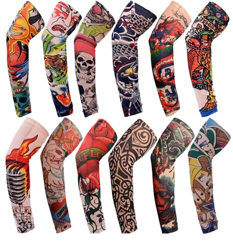 TSHAOUN 12 Pieces Art Arm Fake Tattoo Sleeves Cover For Men Women, Nylon Fake Temporary Cool Tattoo Sleeves Elastic Arm Stockings Halloween Tattoo Hip Hop Sun Block Sleevelet For Festivals (12PCS)