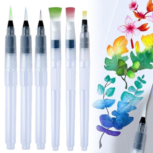 Wassertankpinsel, 6 Stück Wassertankpinsel Set mit Wasser Tank Water Brush Pen Premium Wasserstift Set Für Wasserfarbenmalerei Farbmischen Kalligraphie