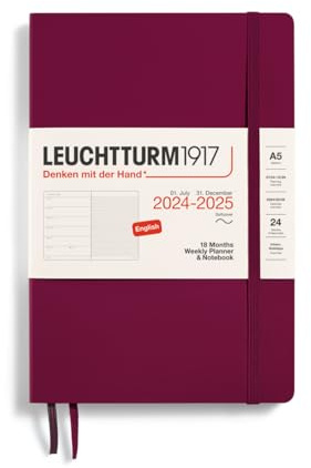 LEUCHTTURM1917 370810 Wochenkalender & Notizbuch Softcover Medium (A5) 2025, 18 Monate, Port Red, Englisch