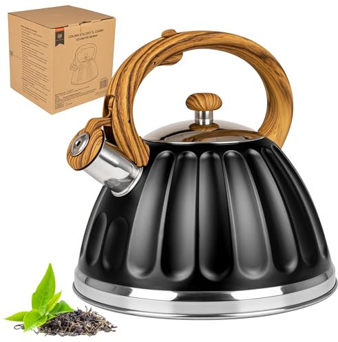KARL HAUSMANN Bouilloire Inox Noir - 3L - Bouilloire Sifflante - Bouilloir Induction, Gaz - Poignée Résistante à la Chaleur - Bouilloir Traditionnelle Tous Feux - Retro - Théière Gaz - Bouilloir