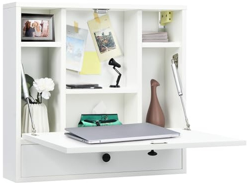 LIFEZEAL Scrivania da parete, tavolo pieghevole poco ingombrante, scrivania sospesa pieghevole con cassetti e ripiani, tavolo da parete per ufficio, camera da letto, studio, 60 x 15 x 57 cm (bianco)