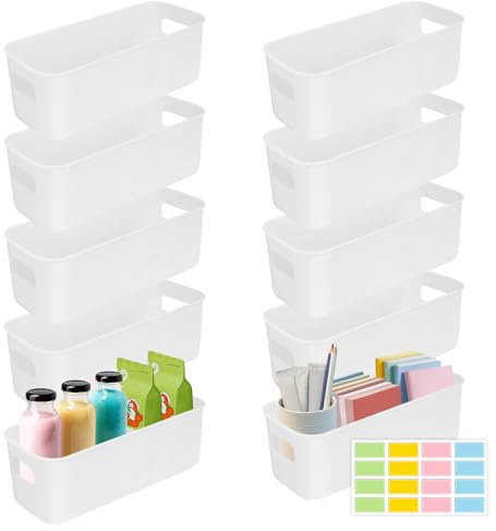 SHAIDOJIO 10PCS Plastic Storage Boxes, White Rectangle Storage Baskets with Handles-27 * 9 * 8cm, Kitchen Cupboard Storage with 1 Sheet Colorful Labels, Small Containers for Bathroom Shelf Toy Office