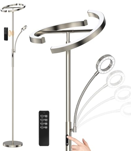 ANTENLICHT lampada da terra dimmerabile LED | Lampada da terra argento 20W con lampada da lettura flessibile da 7W | telecomando con 4 temperature di colore per soggiorno, camera da letto, ufficio