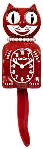 Kit Cat Klock® Limited Edition Space Cherry Red Lady mit Perlenkette – Katzenuhr bewegliche Augen und Schwanz, batteriebetriebene Wanduhr