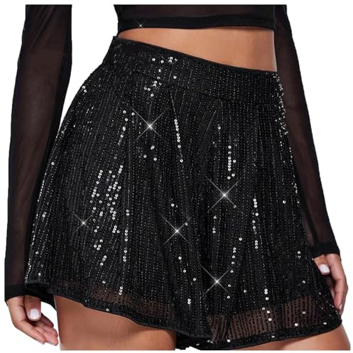 Hotpants Damen Shorts mit Pailletten Hohe Taille Glitzer Shorts Kurz Pailletten Hose Festival Outfits Sexy Glänzend Paillettenhose Kurze Hot Pants Silber Gold Freizeitshorts Sparkle Party Rave Outfit