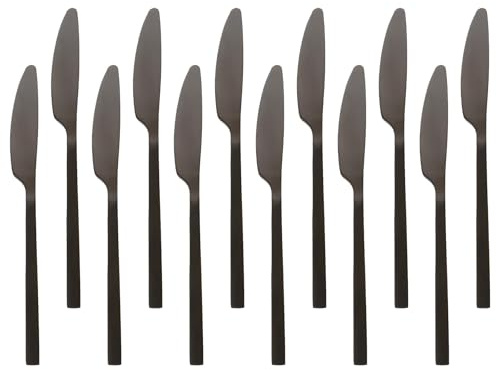 Argon Tableware Couteaux de Table en Acier Inoxydable - 21cm - Noir - 12x Manger Couteaux Poli à Haute Brillance Couverts Métal Beurre Couteau 12 Pièces Table Couteaux Ensemble de Couverts