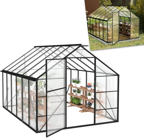 ACXIN Växthus för trädgård, växthus i aluminium, tomathus och växthus med fundament, takfönster, PC-plattor, markankare, järnförstärkning, 380 x 250 x 205 cm, drivbänk, väderbeständig och UV-beständig