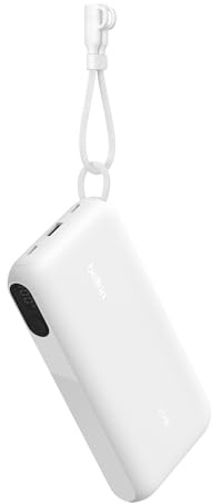 Belkin BoostCharge Batterie Externe 20K avec Écran - Blanc | Chargeur Portable 20K, 2 x USB-C et 1 x USB-A, 20 W, Design Portable, Chargeur Préchargé, Câble USB-C Détachable