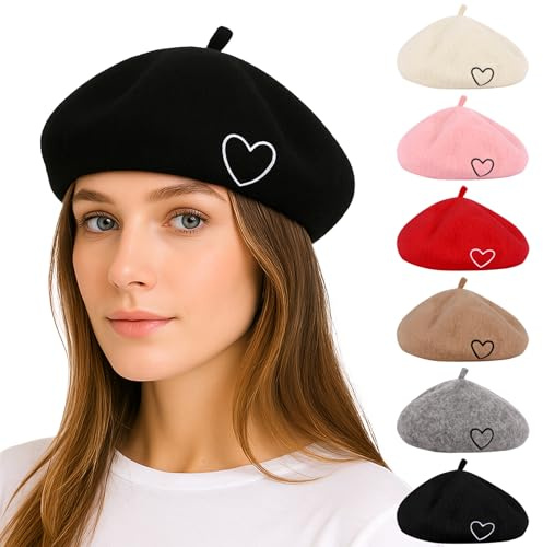 Kunyeah Wolle Barett Hut für Frauen Baby Französisch Stil Beanie Hut weich Bestickt Herz warme Mütze Mutter Tochter Matching Hüte