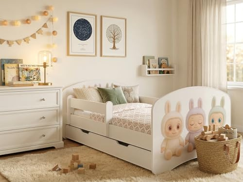 Happy Babies Kinderbett - mit Rausfallschutz Junge 140x70 Bett für Kinderzimmer mit Schublade & Matratze Einzelbett für Kinder Weiß Sweet BUBU (N.1)