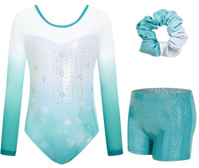JiAmy Gymnastikanzug Mädchen, Turnanzug Turnshorts Haarband Set Turnanzug Leotard Set für 3-12 Jahre