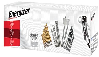 Energizer - Coffret de 30 Forets pour Perceuse - 11 hélicoïdaux HSS 4241 revêtement titane, 5 à bois, 6 à maçonnerie, 2 à bois (16/22 mm), 5 vis à tête creuse et 1 gabarit de perçage