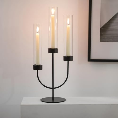 Sziqiqi Black Candelabra Candle Holder: 3 Arm Candlestick Holders with Glass Hurricane for Dining Table Centrepiece - Gothic Metal Candelabra for Decorations Halloween Outdoor Dinner Fireplace