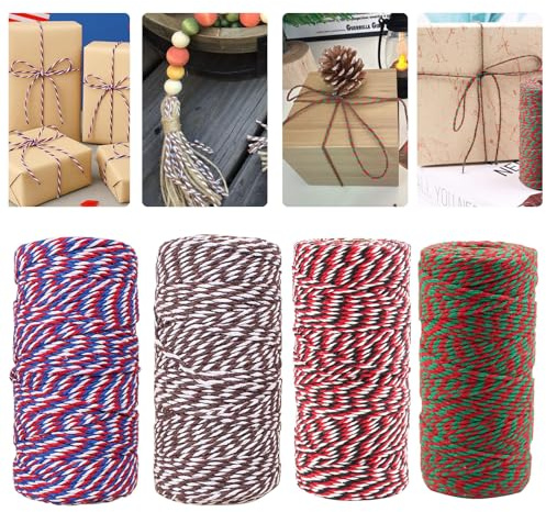 Spago natalizio per confezioni regalo, 4 rotoli di spago di cotone da 100 metri, filo di cotone bicolore per lavori artigianali, pasticceria, giardinaggio, decorazione, legatura, artigianato e
