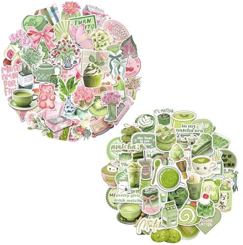 Wasserdichte Ästhetische Aufkleber 100 Stück, Kunterbunte Kawaii Sticker, Matcha-Thema Sticker, Wasserdichte Graffiti Aufkleber, für Laptop, Tagebuch, Koffer, DIY Scrapbooking Journaling Dekoration
