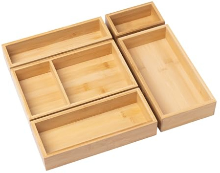 Ninebendstreams 5-teiliges Bambus-Schubladenorganizer-Set Holz-Schubladenorganizer für Büro, Küche Holzschubladen-Tee-Organizer-Boxen Besteck, Make-up und Teebeutel