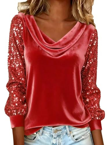Damen-Bluse mit V-Ausschnitt und Langen Ärmeln, Damen, lässig, locker, T-Shirts, Pullover, glitzernde Pailletten-Oberteile mit Langen Ärmeln Lässigem Design Elegantes Oberteil für Abendveranstaltung
