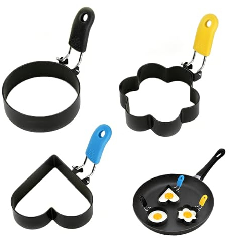 YEDOUALE Set di 3 Stampi per Uova e Pancake in Acciaio Inox Anelli per Uova con Manico in Silicone Antiaderente Stampi per Omelette Hamburger Frittelle Utensili Cucina