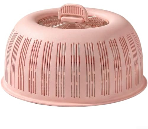 HaloModora Breathable 2-in-1 Food Cover and Fruit Basket, Pest-Resistant Kitchen Mesh Lid, Stackable Vegetable Colander with Handle, PP+ABS Bowl Cover, Pink(Pink)