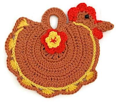 Presina gallina gialla e marrone ad uncinetto 14x15 cm, in Cotone, Protezione Calore Cucina, Idea Regalo Mamma e Nonna (17PRS)