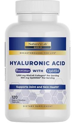 Nature's Lab Hyaluronic Acid with Biocell Collagen and MSM - Skin Hydration, Joint Health - 120 Capsules (40 Day Supply)