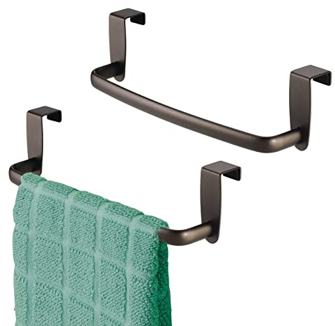 mDesign Steel Metal Wire Over Cabinet Towel Rack Storage Organizer - Hang on Cabinet or Door - Towel Bar Holder for Kitchen - Holds Hand Towels, Washcloths - Spira Collection, 2 Pack, Bronze