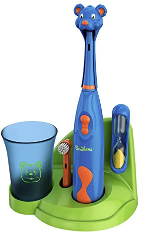 Brusheez Kids’ Electric Toothbrush Set - Safe & Effective for Ages 3+ - Parent Tested & Approved with Gentle Bristles, 2 Brush Heads, Rinse Cup, 2-Minute Timer, & Storage Base (Buddy the Bear)