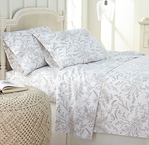 Southshore Fine Living, Inc. Winter Brush Collection, 4-Piece Queen Size Sheets Set, 14 Deep Pocket Fitted Sheet and White Flat Sheet Queen Set, White Sheets with Sand Flowers, Floral Pillow Cases