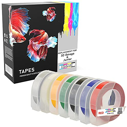 7er Pack weiß auf glänzend schwarz rot blau grün gelb transparent silber 9mm x 3m Prägeetiketten (selbstklebend, kunststoff) kompatibel für Dymo Omega und Junior Etikettenprägegerät