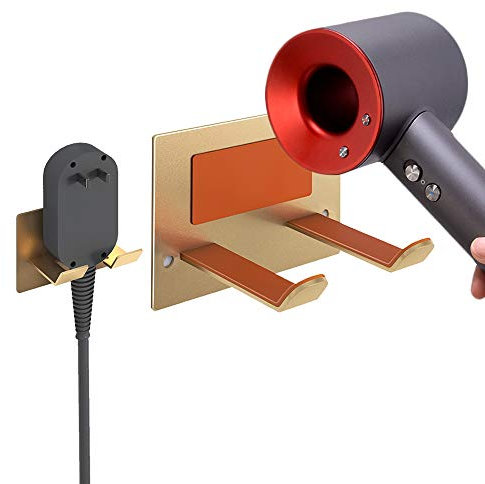 XIGOO Hair Dryer Holder, Hairdryer Holder Station Wall Mounted Golden Hair Dryer Stand Adhesive or Drilling Hairdressing Dryer Hanger Hair Tool Organiser Rack for Dressing Table Bathroom
