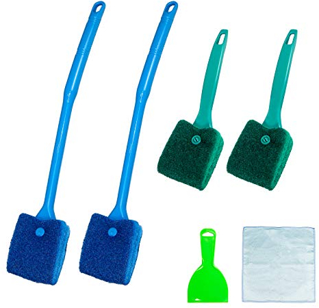 4 Stück Aquarium Schwamm Reinigungsbürste, Aquarium Doppelseitig Reinigungsschwamm mit Griff, Aquarium Scheibenreiniger/Aquarium Algenentferner mit Einem Lappen für Reinigen Von Aquariumglas (H1)