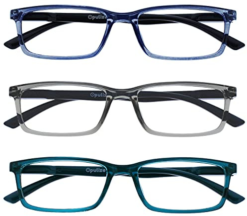 OPULIZE SEE Blaulichtfilter Lesebrille für Damen Herren, Blendfreie UV400-Schutz Federscharnier Anti-Müdigkeit, Rechteckiger Rahmen, Computerbrillen Gaming, 3er-Pack Blau Grau Türkis +3,50