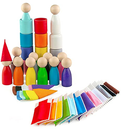 Ulanik Träfigurer i Koppar med Mössor och Sängar Montessori 1+ | Sorteringsset i trä; 12 färger; koppar, filtmössor och filtsängar; björkbricka för förvaring