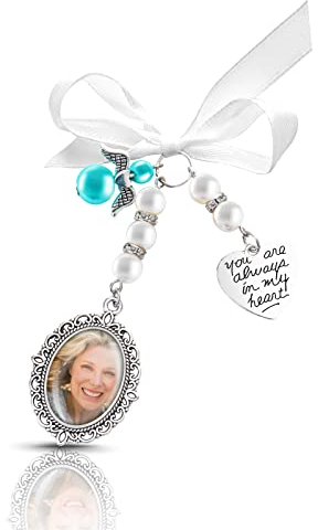 Yolev 1PCS Wedding Bride Memorial Bouquet Photo Charms Bridal Lacy Oval Photo Charm Frame, You are Always in My Heart Bouquet Charm for Bridal
