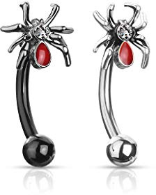 ile aux piercings Lot 2 Piercing d arcade sourcil metal araignée spider en rouge et noir pour femme homme 1.2x8mm strass blanc
