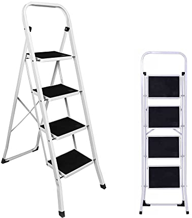 4 Stufen Leiter | Klappleiter mit Anti-Rutsch Pedal | Trittleiter mit Klappsicherung | Robuste Stahlleiter | Leichte und Tragbare Haushaltsleiter | Belastbar bis 150 kg