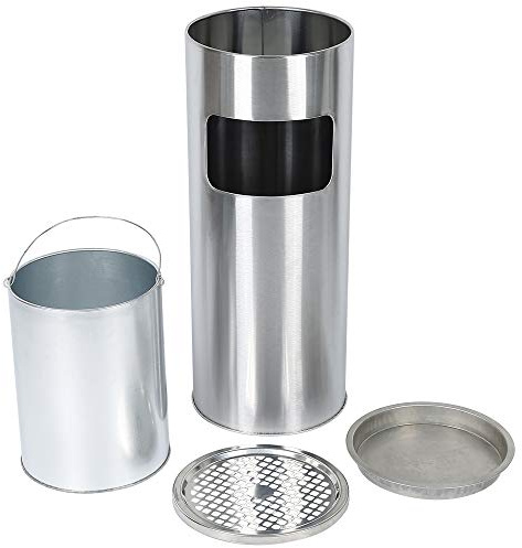 Abfalleimer mit Aschenbecher, 30 Liter Standaschenbecher aus Edelstahl mit Inneneimer, Aschenbecher, Standmülleimer, Outdoor, Büro, Hotel und Garten für drinnen und draußen, Silber, 1 Stück