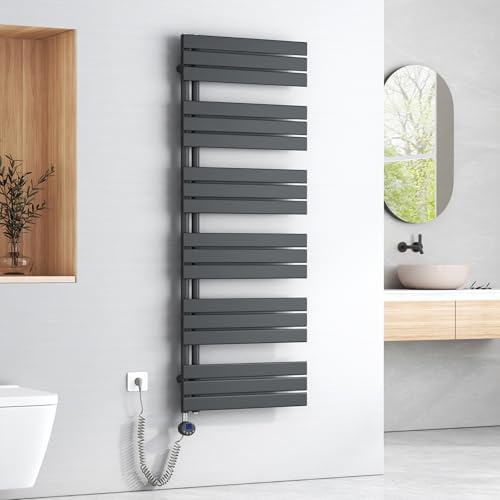 EMKE Badheizkörper Elektrisch 1599x600 mm - Flach Handtuchheizkörper Elektrisch, Elektrischer Handtuchwärmer Handtuchtrockner Handtuch Heizkörper Bad mit Thermostat und Heizstab - 1000W, Anthrazit