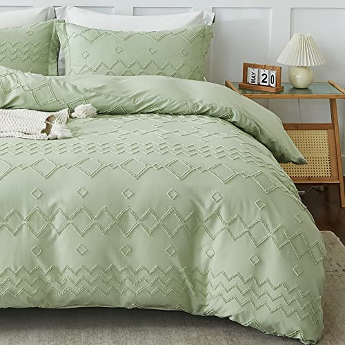 EMME Duvet Cover Set Microfiber, Tufted King Duvet Cover Set, Boho Bedding Sets for All Seasons, 3 Pieces Embroidery Chic Duvet Cover Full, 1 Duvet Cover + 2 Pillowcases (Sage Green, King)