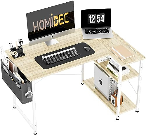 L Shaped Desk with Bookshelf Reversible and Storage Bag, White Oak 100×70cm