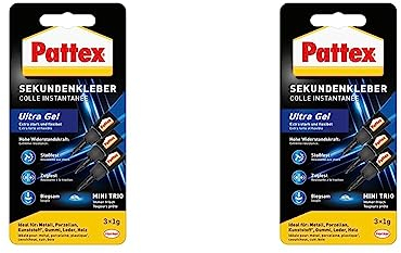 Pattex Sekundenkleber Ultra Gel Mini Trio, extra starker & flexibler Superkleber in 3 Tuben, Sekundenkleber Gel für z. B. Gummi, Leder, Holz, 3x 1 g Tube, 9H PSMG3 (Packung mit 2)
