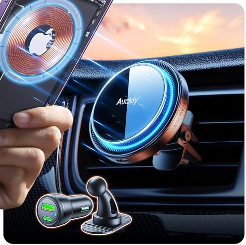 Auckly 15W for MagSafe Car Mount Charger, (3.81 lbf) Strong Magnetic Wireless Car Charger, Air Vent/Dashboard, Phone Holder Mount for iPhone 17/16/15/14/13/12 & Samsung, Aluminium, Grey